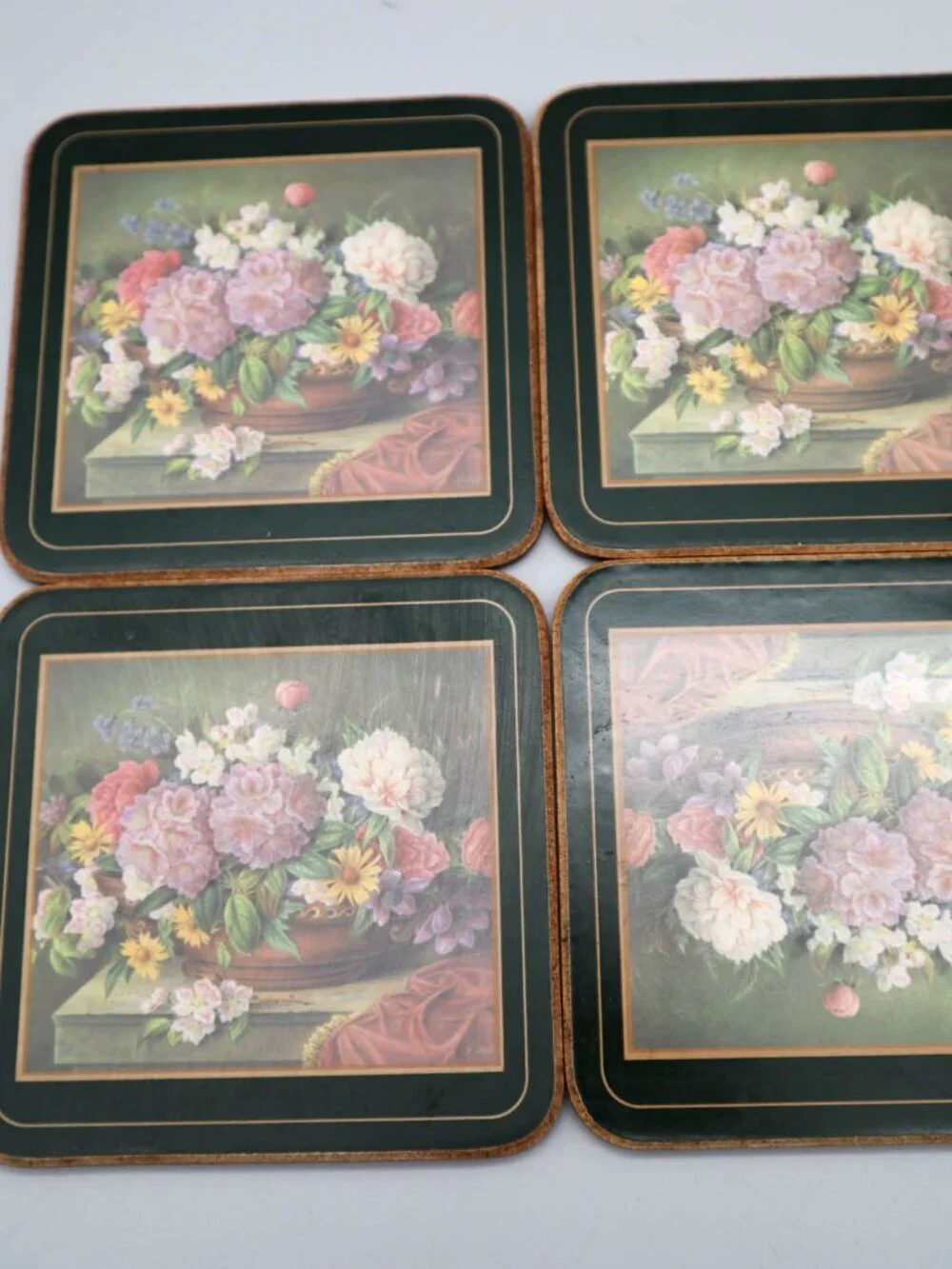 6 Vintage Pimpernel Cork Backed Celluloid Coasters Romantic Rose Botanical